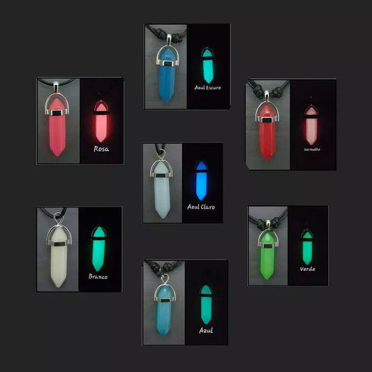 Colar de pedra hexagonal fluorescente luminosa, colar com pingente de couro, de cristal natural brilhante no escuro, pedra de bala