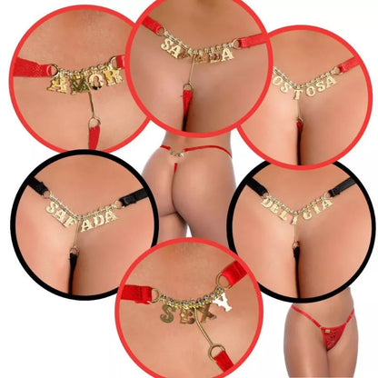 Calcinha fio dental sexy pingente, com frase em biju e detalhe de strass com regulagem plus size 36 ao 54