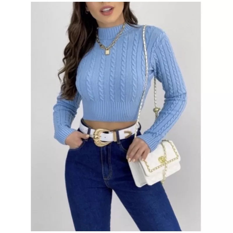 Blusa de frio tricô cropped feminina manga longa