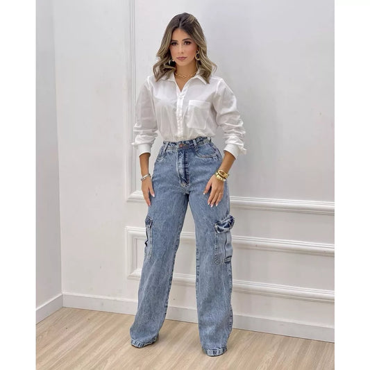 Calça Jeans Rasgada Feminina Pantalona Sem Lycra Wide Leg Calça Cintura Alta