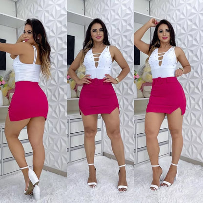 Short Saia Cintura Alta Bengaline Fenda Lateral Cores Moda