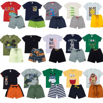 Kit Sortido 10 Peças de Roupas Infantil Menino- 5 Camisetas + 5 Bermudas - Promoção - Kit com 5 Conjuntos de Roupa Infantil Menino Verão Masculino Bebe Barato