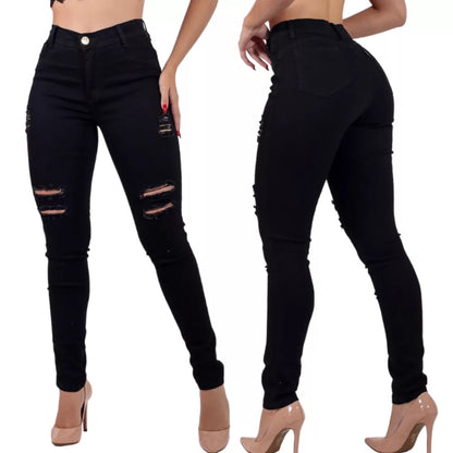 Calça Preta Rasgada Feminina Jeans Cintura Alta Hot Pants Skinny com Lycra Levanta Bumbum