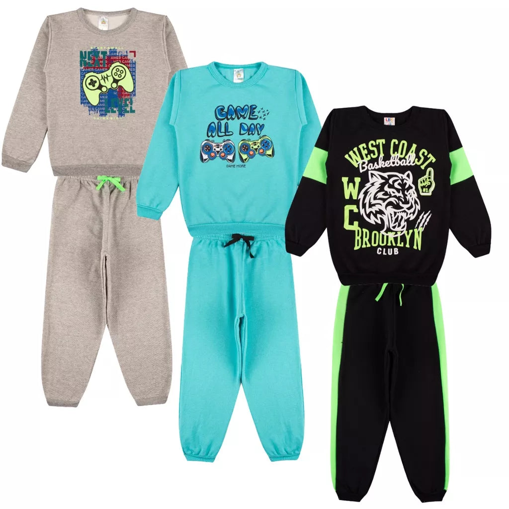Kit Sortido 6 Peças de Roupas Masculino Infantil Inverno – 3 blusas casacos + 3 calças de 1 ao 10 – Promoção – Kit 3 Conjuntos Moletom Infantil Menino Inverno com Calça e Casaco Bebe Barato