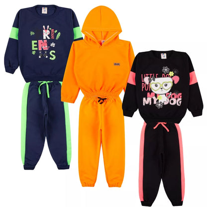 Kit Sortido 6 Peças de Roupas Feminino Infantil Inverno – 3 blusas casacos + 3 calças de 1 ao 10 – Kit 3 Conjuntos Moletom Infantil Menina Inverno com Calça e Casaco