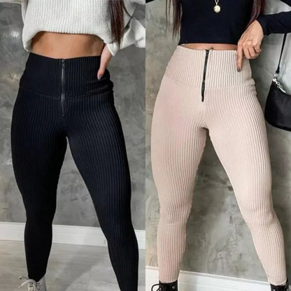 Calça Feminina Montaria Canelada 3D Legging Cintura Alta Com Ziper