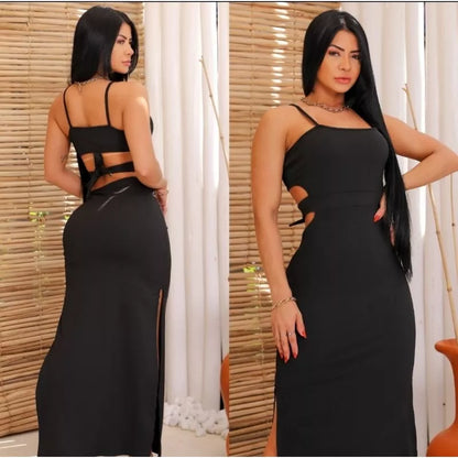 Vestidos Feminino canelado longo Alcinha Decote Costa Nua Com fenda Lateral Várias Cores