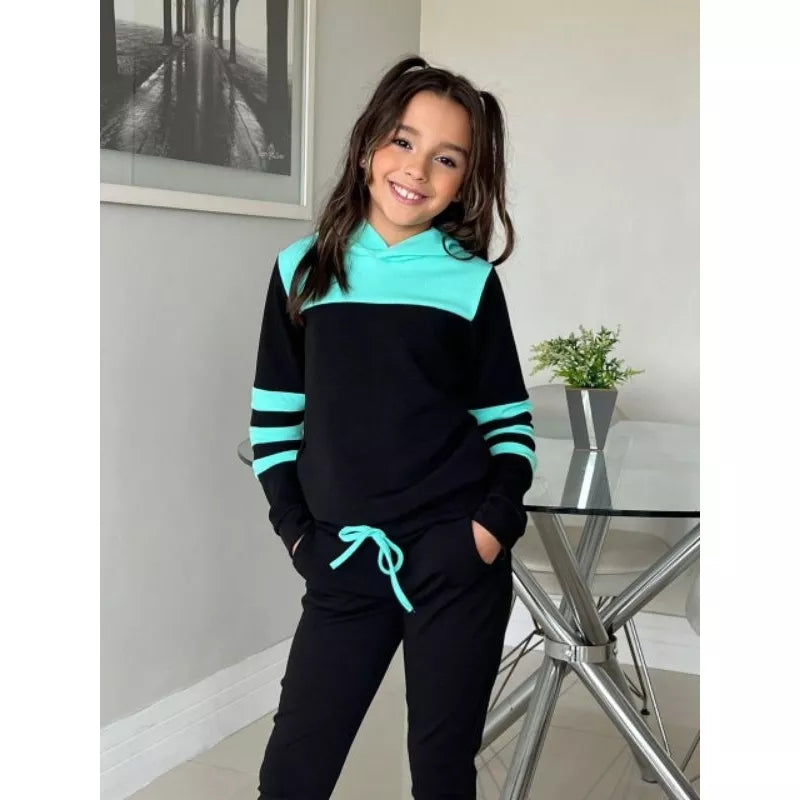 Conjunto Moletom  infantil juvenil bicolor com capuz ( 04 ao 14 ) Tendência Outono e inverno
