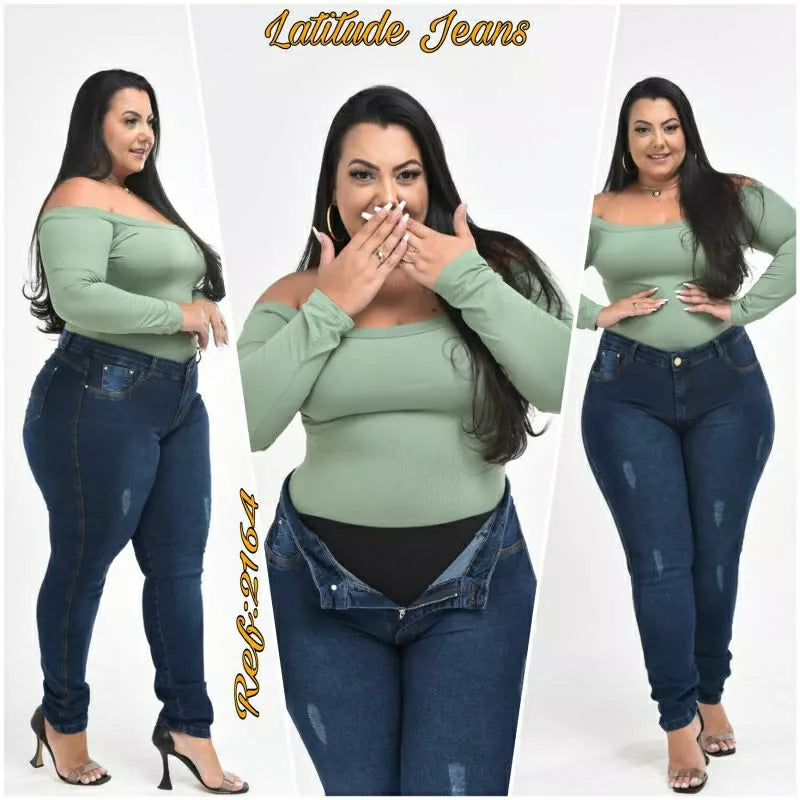 calça jeans feminina plus size com cinta modeladora (cinta fixa)