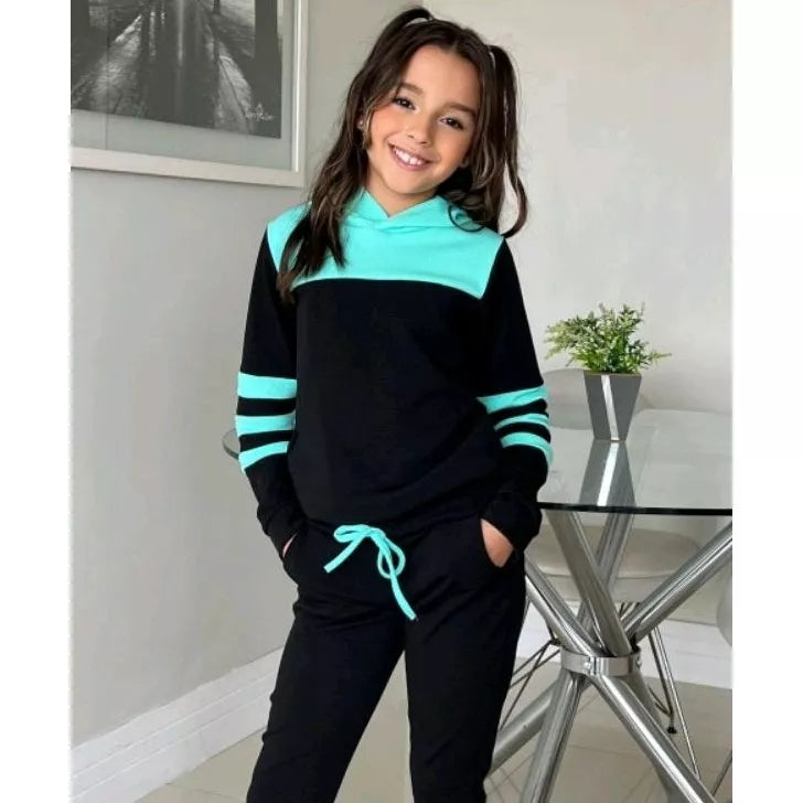Conjunto Moletom  infantil juvenil bicolor com capuz ( 04 ao 14 ) Tendência Outono e inverno