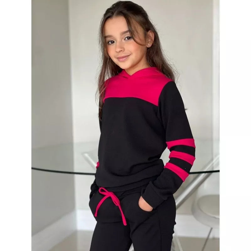 Conjunto Moletom  infantil juvenil bicolor com capuz ( 04 ao 14 ) Tendência Outono e inverno