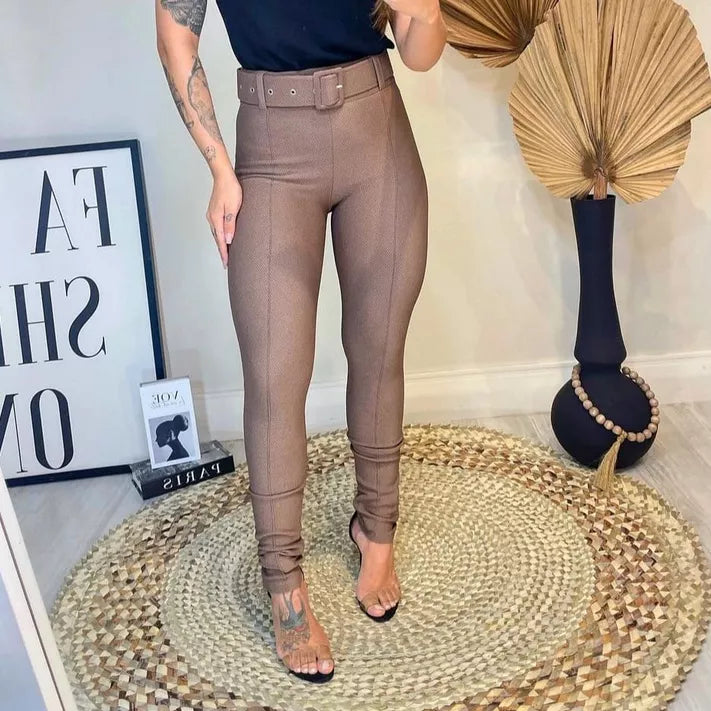 Calça Skinny Com Cinto Forrado Malha Pop Moda Blogueira