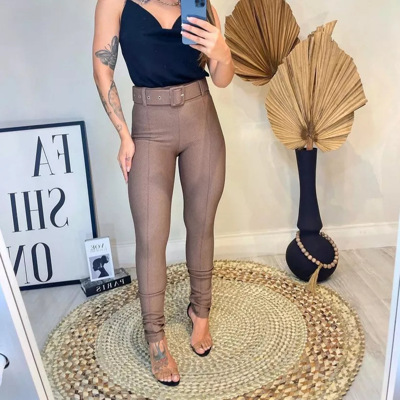 Calça Skinny Com Cinto Forrado Malha Pop Moda Blogueira