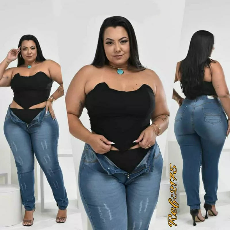 calça jeans feminina plus size com cinta modeladora (cinta fixa)