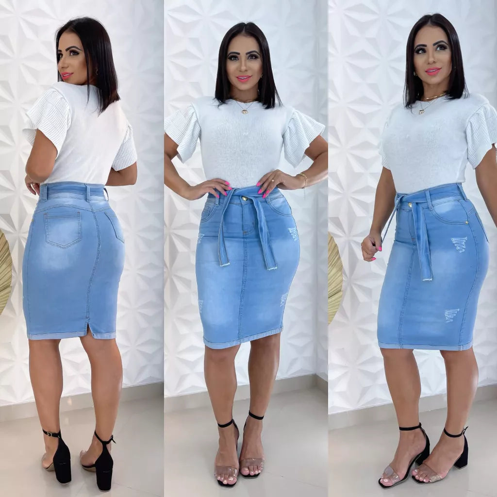 Saia Jeans Moda Evangélica Lindo Modelo Secretária