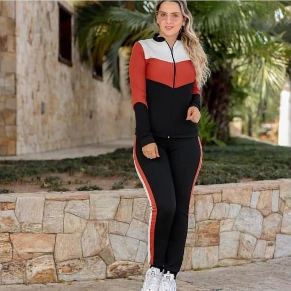 Conjunto malha crepe manga longa ziper e bolso feminino