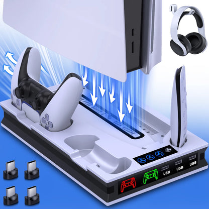 Suporte PS5 Com 2 Ventiladores De Resfriamento , Estação De Carregamento Controlador PS5 Dupla Rápida 3 Portas USB Extra PS5 Acessórios Vertical Para Sony Playstation 5 Duplo