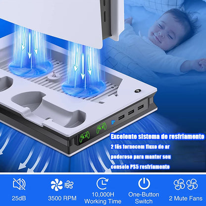 Suporte PS5 Com 2 Ventiladores De Resfriamento , Estação De Carregamento Controlador PS5 Dupla Rápida 3 Portas USB Extra PS5 Acessórios Vertical Para Sony Playstation 5 Duplo