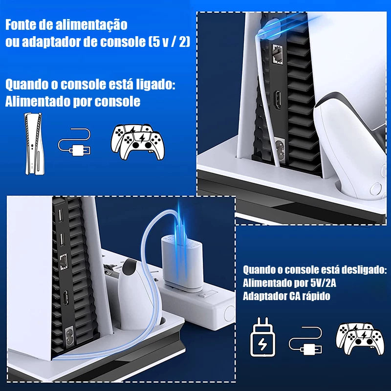 Suporte PS5 Com 2 Ventiladores De Resfriamento , Estação De Carregamento Controlador PS5 Dupla Rápida 3 Portas USB Extra PS5 Acessórios Vertical Para Sony Playstation 5 Duplo