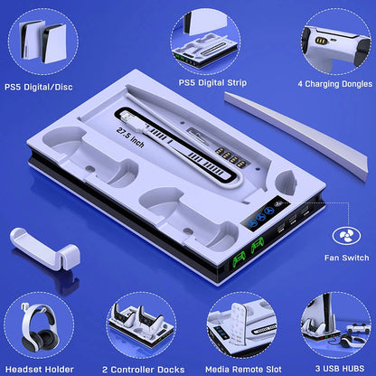 Suporte PS5 Com 2 Ventiladores De Resfriamento , Estação De Carregamento Controlador PS5 Dupla Rápida 3 Portas USB Extra PS5 Acessórios Vertical Para Sony Playstation 5 Duplo