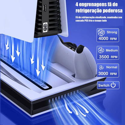 Suporte PS5 Com 2 Ventiladores De Resfriamento , Estação De Carregamento Controlador PS5 Dupla Rápida 3 Portas USB Extra PS5 Acessórios Vertical Para Sony Playstation 5 Duplo