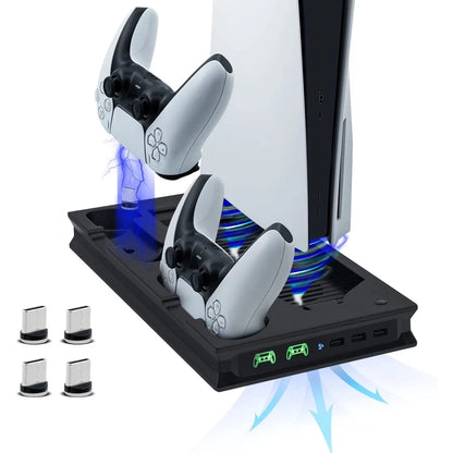 Suporte PS5 Com 2 Ventiladores De Resfriamento , Estação De Carregamento Controlador PS5 Dupla Rápida 3 Portas USB Extra PS5 Acessórios Vertical Para Sony Playstation 5 Duplo