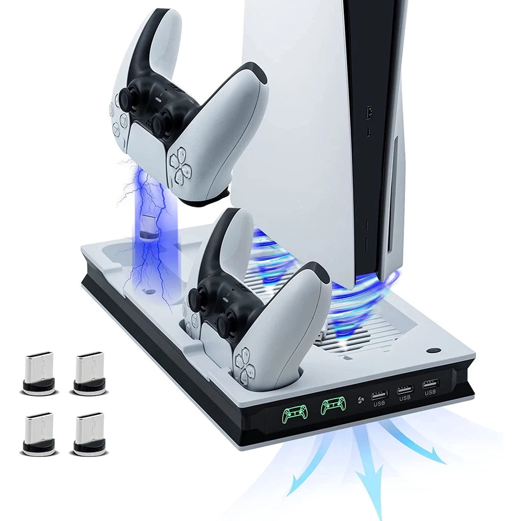 Suporte PS5 Com 2 Ventiladores De Resfriamento , Estação De Carregamento Controlador PS5 Dupla Rápida 3 Portas USB Extra PS5 Acessórios Vertical Para Sony Playstation 5 Duplo