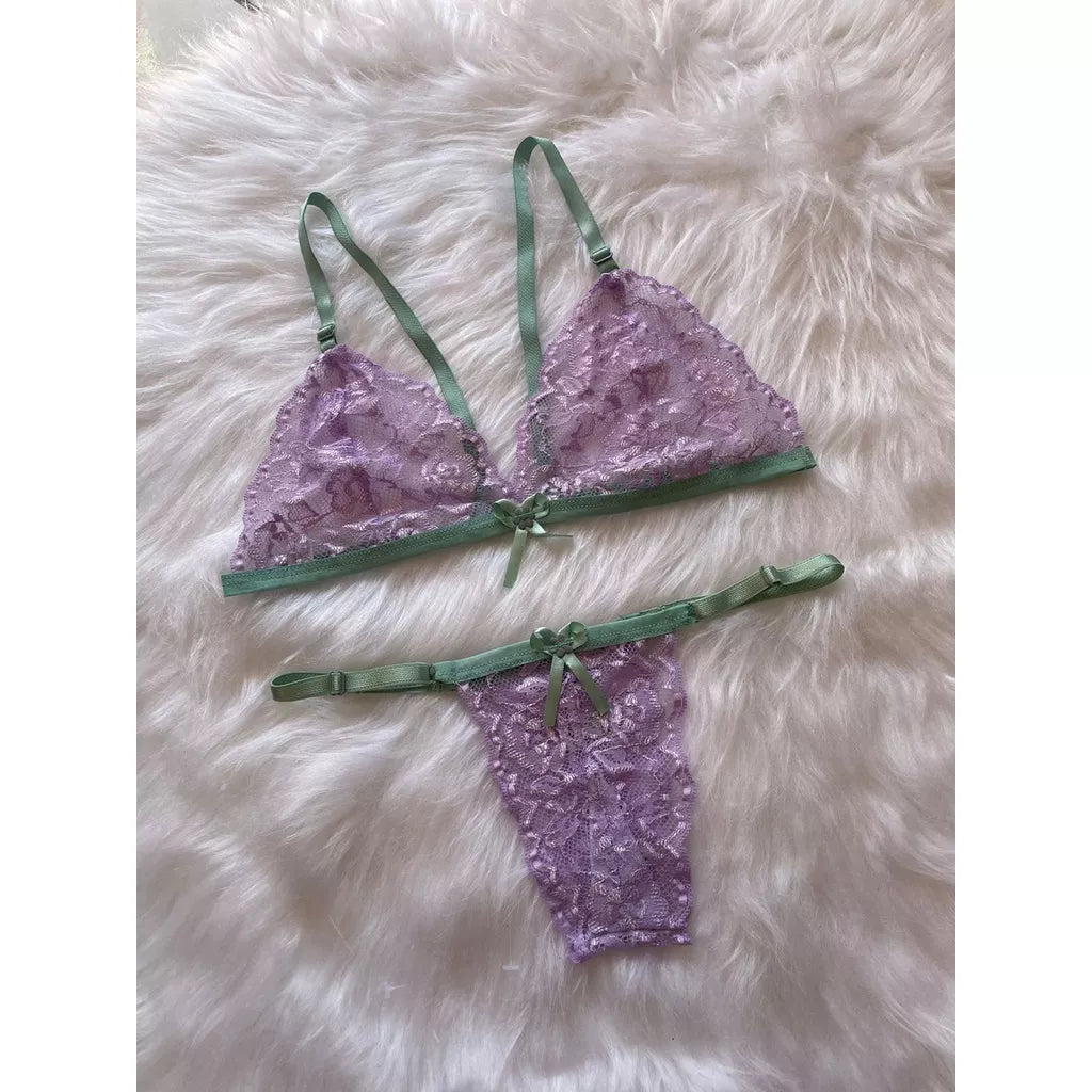 Conjunto de Lingerie Em Renda Sutiã Sem Bojo Calcinha De Regulagem