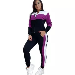 Conjunto malha crepe manga longa ziper e bolso feminino