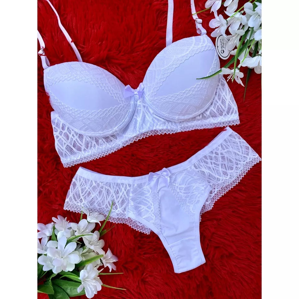 Conjunto com Bojo Bella Sutiã Calcinha Lingerie Fio Dental Sexy Sensual Renda