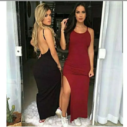 Vestidos Feminino canelado longo Alcinha Decote Costa Nua Com fenda Lateral Várias Cores