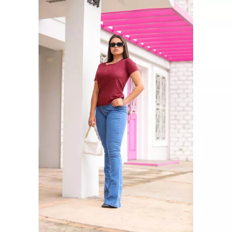 Blusa Suede T-shirt Manga Curta aveludada Feminina Corte à Laser
