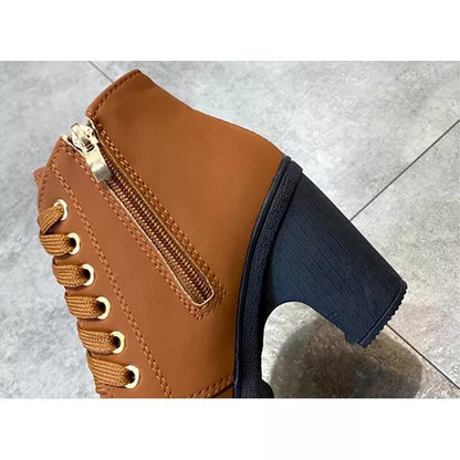 Moda Feminina Salto Alto Lace Up Side Zipper Buckle Ankle Boots De Camurça Sapatos