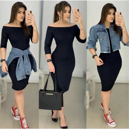 Vestido Feminino Midi Canelado Ombro a Ombro Manga Longa