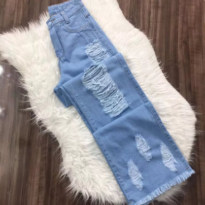 Calça Jeans Rasgada Feminina Pantalona Sem Lycra Wide Leg Calça Cintura Alta