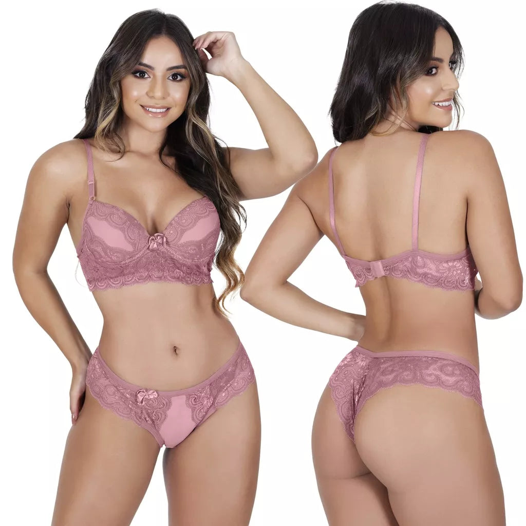 Conjunto com Bojo Bella Sutiã Calcinha Lingerie Fio Dental Sexy Sensual Renda
