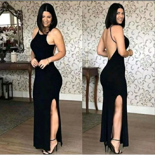 Vestidos Feminino canelado longo Alcinha Decote Costa Nua Com fenda Lateral Várias Cores