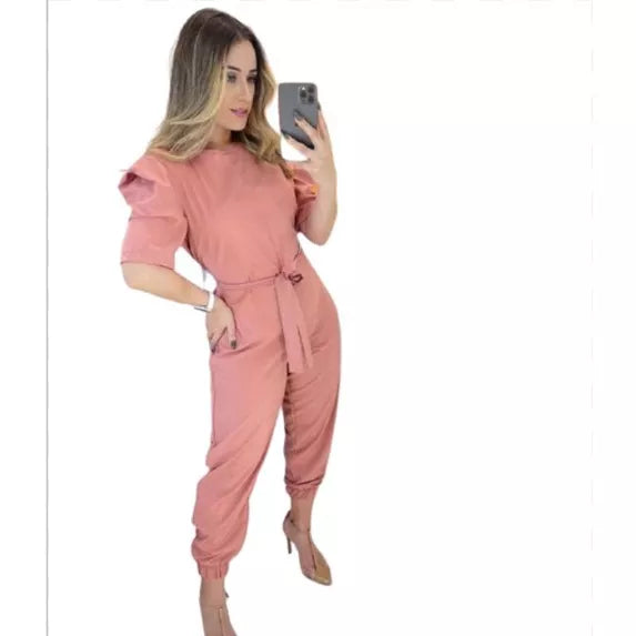 Macacão Longo Feminino com Cinto manga princesa