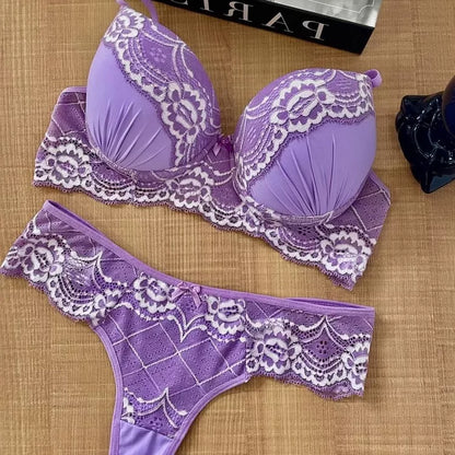Conjunto Lingerie Rendado Bicolor Com Calcinha Fio - Moda Íntima