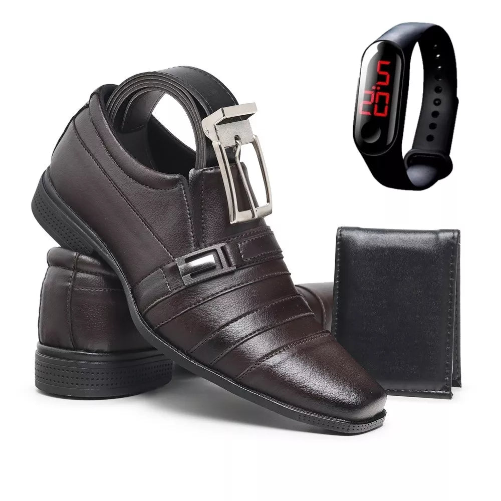 Kit Sapato Masculino Social Elegante Confortável com Relógio Carteira e Cinto