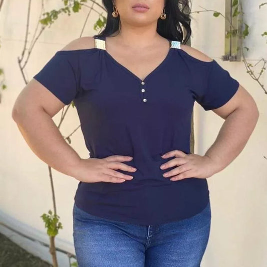 Blusa Feminina Básica Lisa com Fivela no Ombro Vazado (Ombro Fora) - Manga Curta para Primavera e Verão Viscolycra Moda - Roupas Femininas