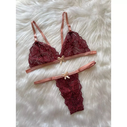 Conjunto de Lingerie Em Renda Sutiã Sem Bojo Calcinha De Regulagem