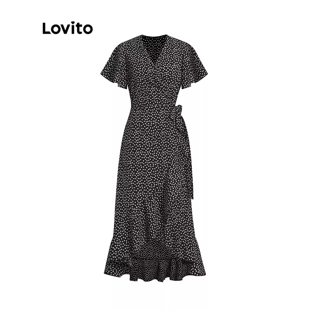 Lovito Boho Vestido de Bolinha Com Fenda e Decote V Profundo com Renda L12014 (Verde/Preto)