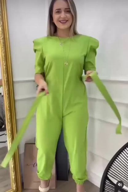 Macacão Longo Feminino com Cinto manga princesa