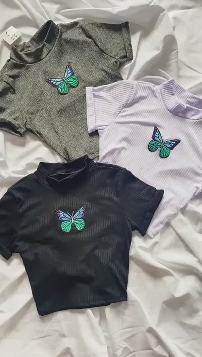 Cropped canelado borboleta blogueira com lycra ótima se ajusta no corpo