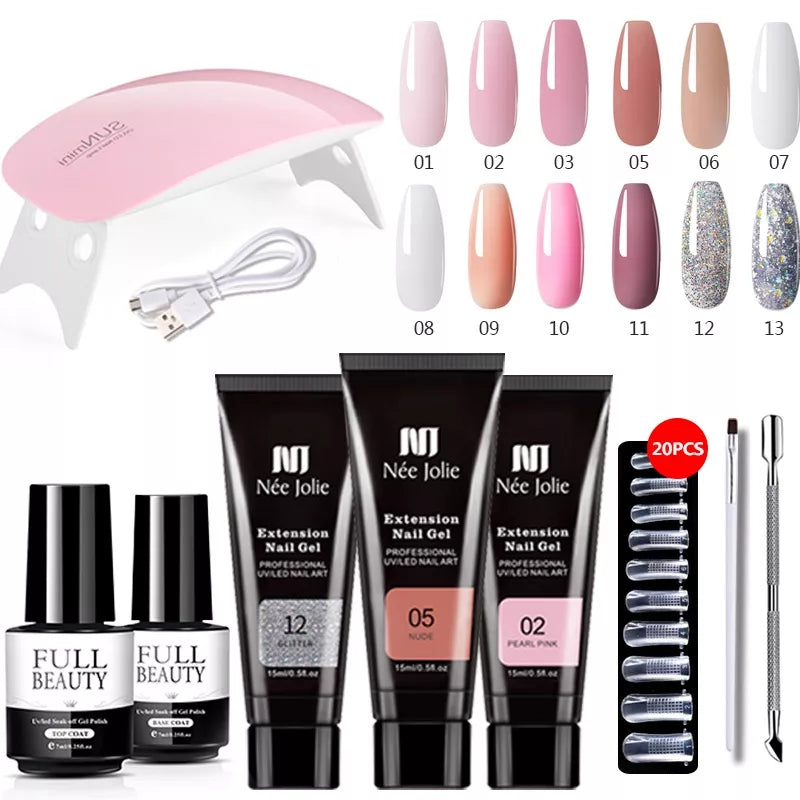 kit unha de gel poligel completo profissional de unha em gel polygel alongamento Set Nail Art Extension Kit Acrylic UV Gel Nail Files Nail Molds Builder Painting Brush Slip Solution DIY Manicure