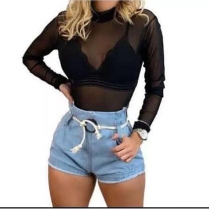 Body Tule Feminino Manga Longa Feminino Transparente Bori Preto e Branco Tendência