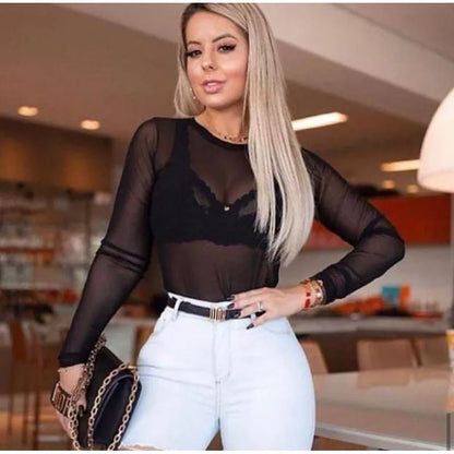 Body Tule Feminino Manga Longa Feminino Transparente Bori Preto e Branco Tendência