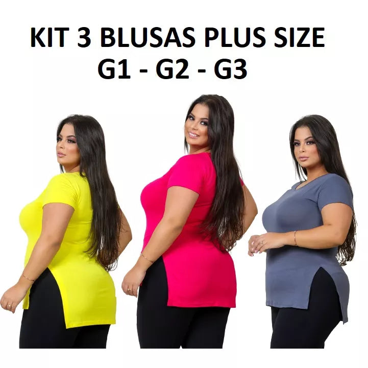Kit 3 Blusas Plus Size Feminina T-shirt Manga Curta Basica Lisa Cobre Leg Academia Exercicios Tapa Bumbum