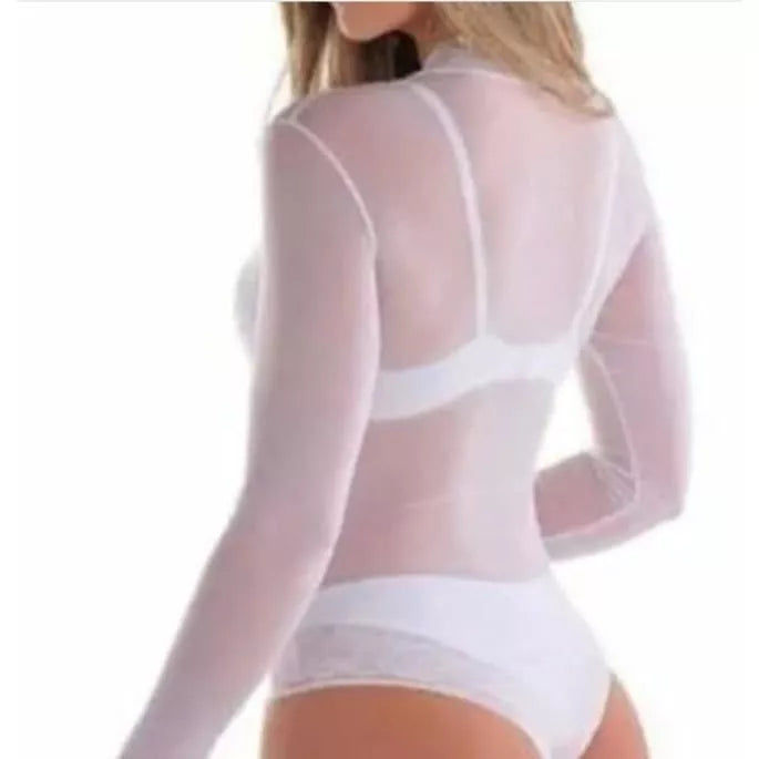 Body Tule Feminino Manga Longa Feminino Transparente Bori Preto e Branco Tendência
